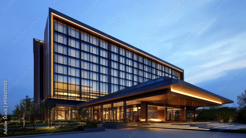 Modern Hotel Architecture with Illuminated Entrance Modern Hotel Architecture with Illuminated Entrance