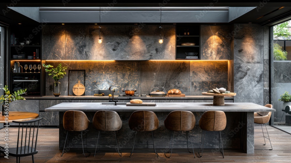 Fototapeta premium Modern kitchen featuring Venetian plaster walls and sleek design in a contemporary home