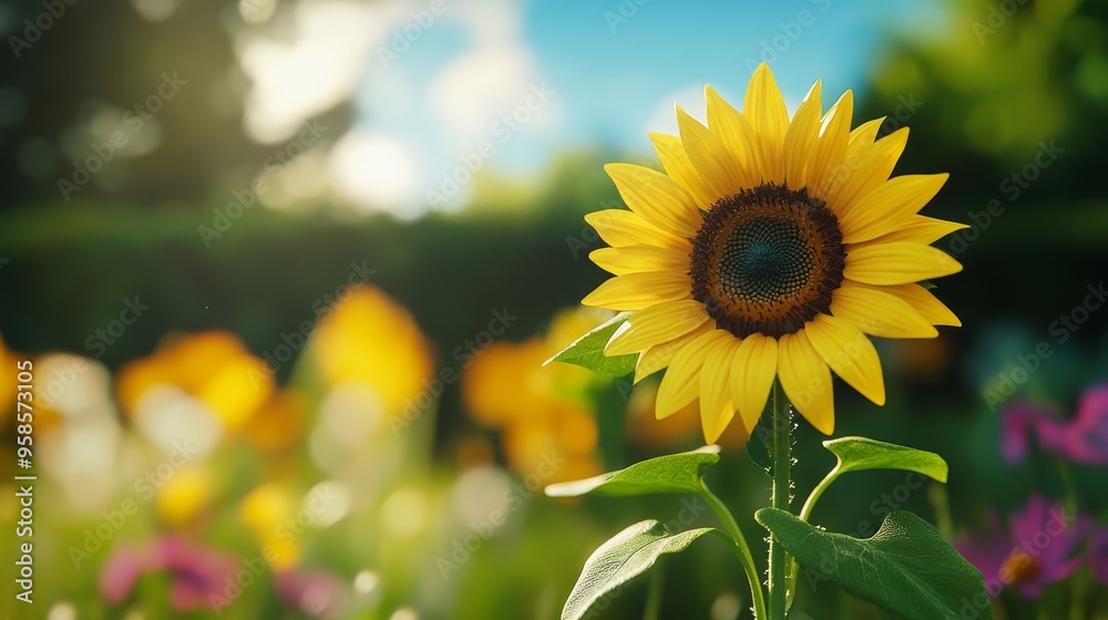Naklejka premium A sunflower towering under the midday sun, sharp shadows, clear blue sky, bright yellow petals, photorealistic, high resolution.