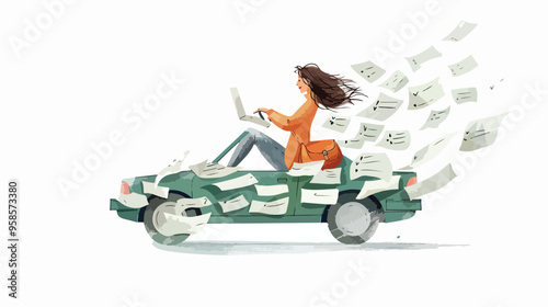 Young Woman Riding Car Made of Paper Hand-drawn Illustration