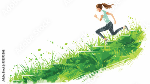Young Woman Running on Green Grass Staircase Handdraw