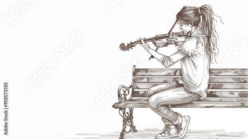 Talented Young Woman Playing Violin on Bench