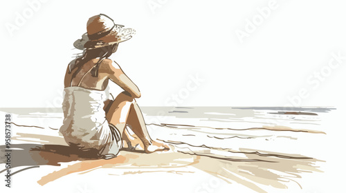 Young Woman Sitting on the Beach Hand-drawn Vector Illustration