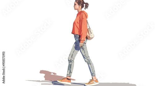 Young Woman Walking Down the Street Hand-drawn Vector Illustration