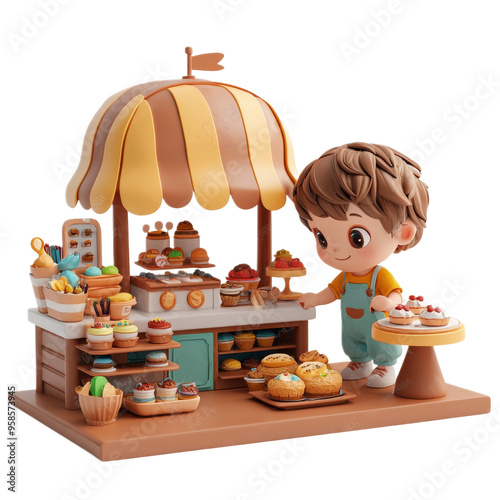 Cute Cartoon Boy Selling Cupcakes at a Bakery Stand photo