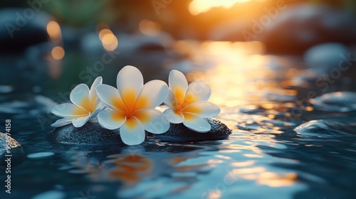 Three white flowers with yellow centers rest on a smooth gray stone in a tranquil stream of water with a sunlit background.