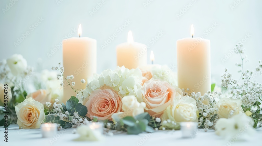 A romantic and elegant centerpiece with lit candles and a variety of peach and white roses. A romantic and elegant centerpiece with lit candles and a variety of peach and white roses.