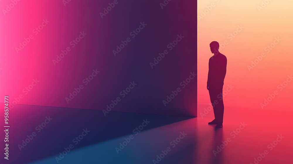 Silhouette of a Person Standing in a Corner with Neon Lighting Silhouette of a Person Standing in a Corner with Neon Lighting