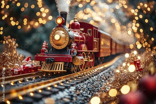 A Miniature Christmas Train with Santa Clauses on a Train Track with Bokeh Lights