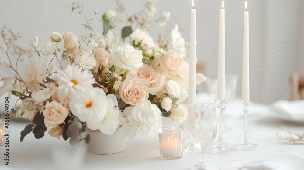 Elegant table centerpiece with peach and white roses, eucalyptus, and candles creates romantic atmosphere for wedding or special occasion. Elegant table centerpiece with peach and white roses, eucalyptus, and candles creates romantic atmosphere for wedding or special occasion.