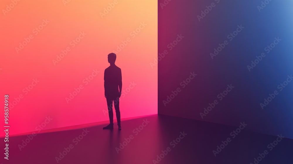 Silhouette of a Person Standing in a Room with a Pink and Blue Gradient Wall Silhouette of a Person Standing in a Room with a Pink and Blue Gradient Wall