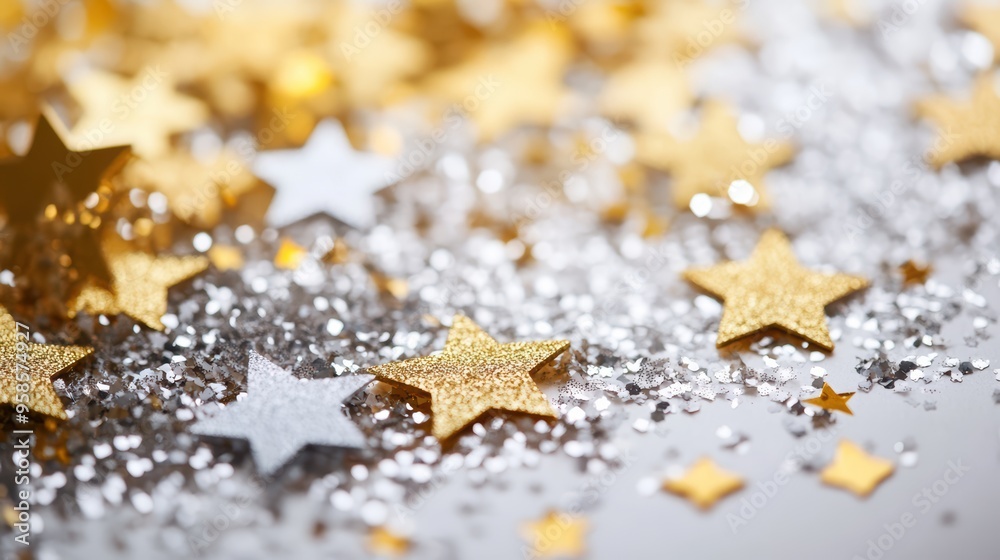 A festive display of joy and celebration. Glittering gold and silver stars sparkle brightly on a white background, evoking a sense of wonder and magic. A festive display of joy and celebration. Glittering gold and silver stars sparkle brightly on a white background, evoking a sense of wonder and magic.