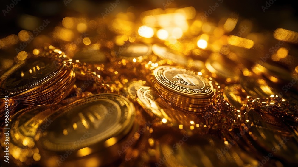 A close-up view of shining gold coins, symbolizing wealth, prosperity, and investment opportunities in the financial world.