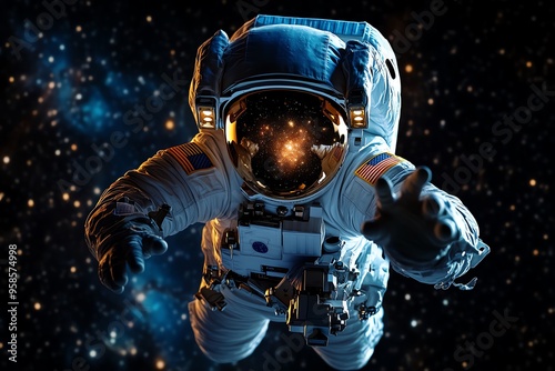 Astronaut in a starry sky is showcased in a realistic photo of an astronaut floating in space, with the Milky Way galaxy visible behind them, creating a breathtaking view
