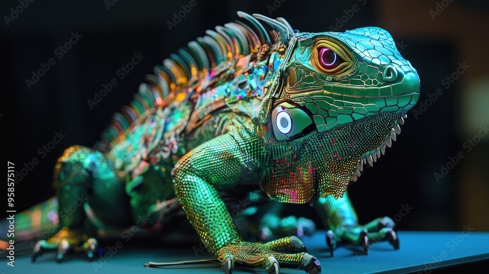 Obraz premium Metallic Green Iguana with Neon Lights