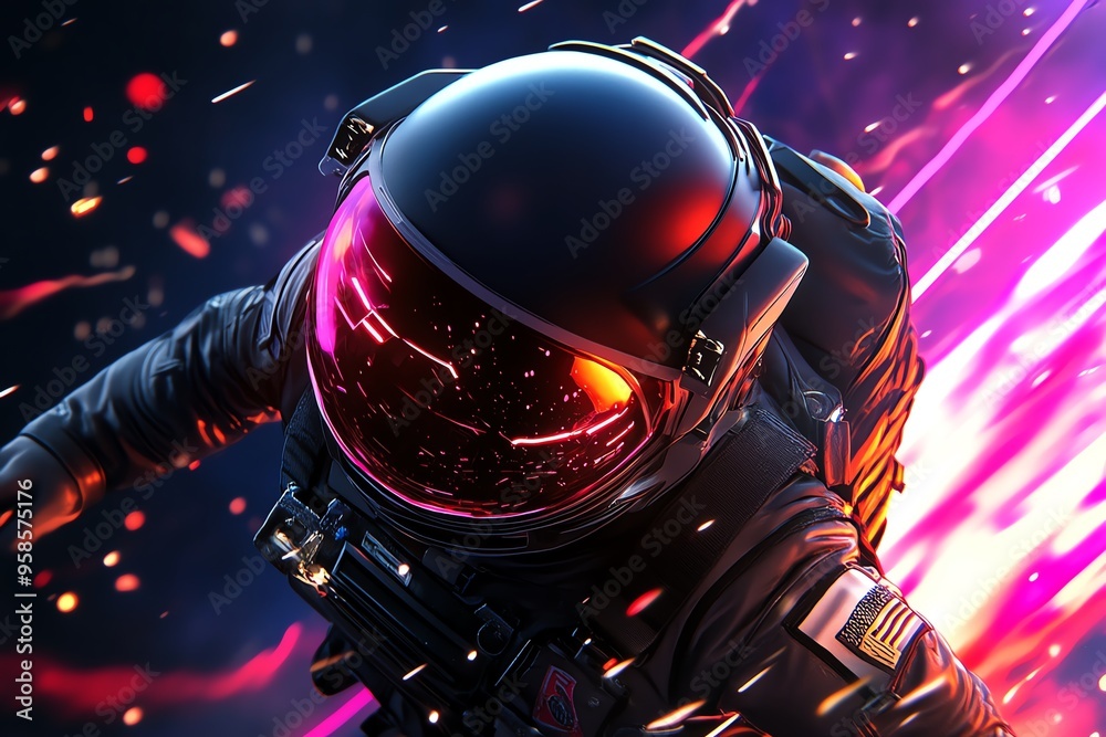 Astronaut in an epic space battle is showcased in a futuristic illustration of an astronaut piloting a spacecraft through a battle in deep space, with lasers and explosions all around Astronaut in an epic space battle is showcased in a futuristic illustration of an astronaut piloting a spacecraft through a battle in deep space, with lasers and explosions all around