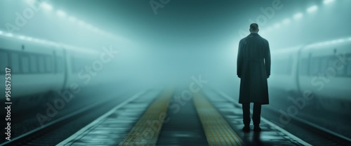 A man stands on a train platform in the rain