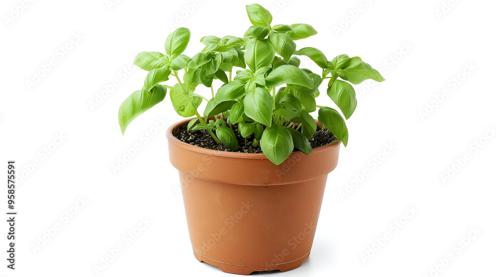 Fresh Green Basil in Pot on White Background ,Fresh basil in pot on white background ,Bush basil grows in a pot on a white background Fresh Green Basil in Pot on White Background ,Fresh basil in pot on white background ,Bush basil grows in a pot on a white background
