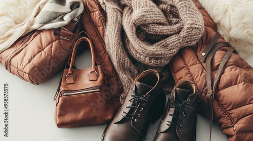 A cozy autumn or winter fashion ensemble featuring a warm brown down jacket for women, paired with a soft cashmere scarf, a stylish leather shoulder bag, and comfortable oxford suede boots. This caref photo