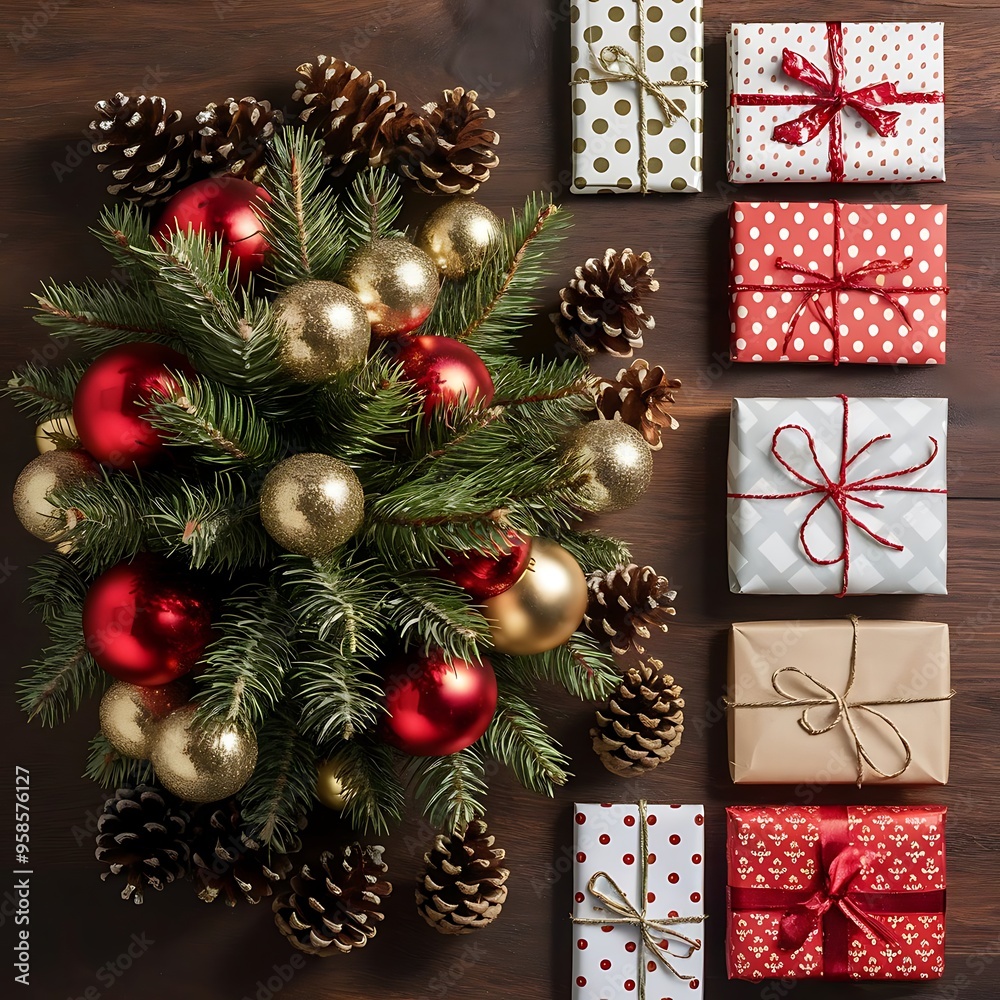Top view of arranged shiny christmas balls, pine cones and gift card on wooden surface Top view of arranged shiny christmas balls, pine cones and gift card on wooden surface