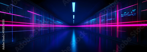 Data center background. Vector realistic illustration of abstract computer network, information storage equipment, crypto blockchain technology, ai system, neon blue and pink light on black background photo