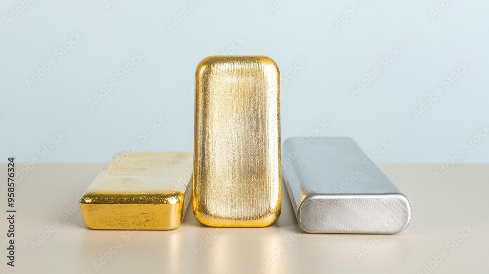 Three bars of precious metal arranged on a table, showcasing gold and silver with a minimalist background. Three bars of precious metal arranged on a table, showcasing gold and silver with a minimalist background.
