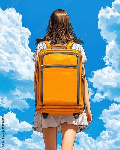 A young traveler walks under a blue sky, carrying an orange suitcase, ready for adventure and exploration. photo