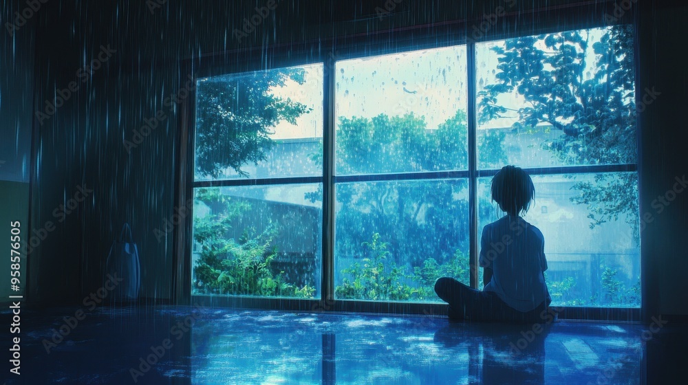 Fototapeta premium A character sits peacefully on the floor, gazing out at the rain-soaked landscape, embodying a serene moment of reflection