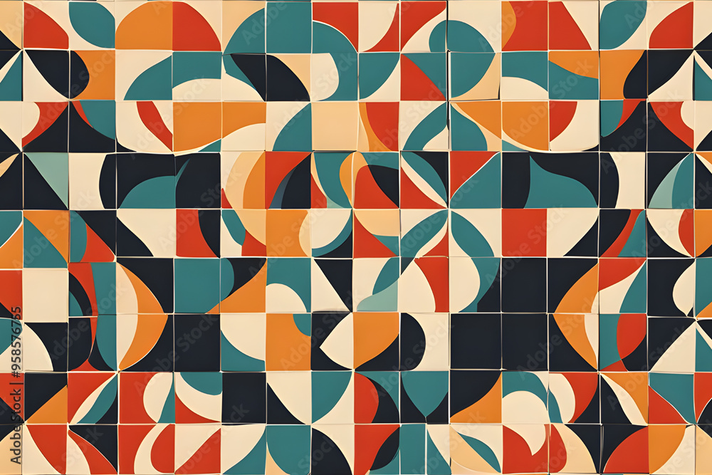 Retro Tile Pattern Wall Background, Bold Colors and Geometric Shapes for Vintage Flair