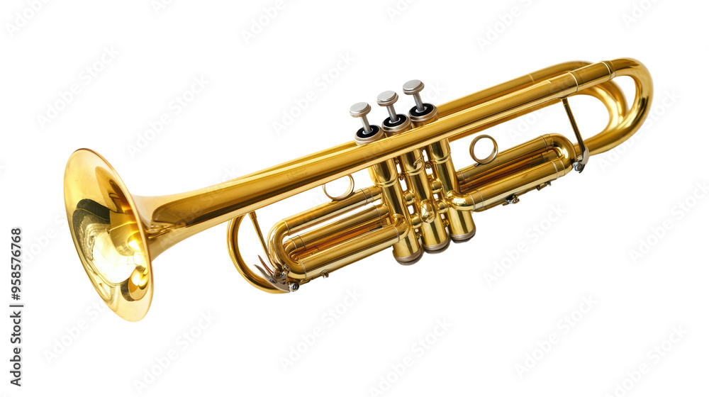 Obraz premium A majestic gold trumpet lays on a black background, its brass gleaming under a spotlight, ready to fill the air with its powerful voice. 