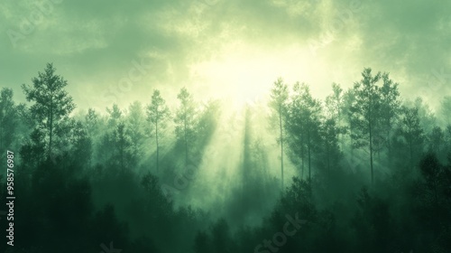 Mystical Foggy Forest with Sunbeams