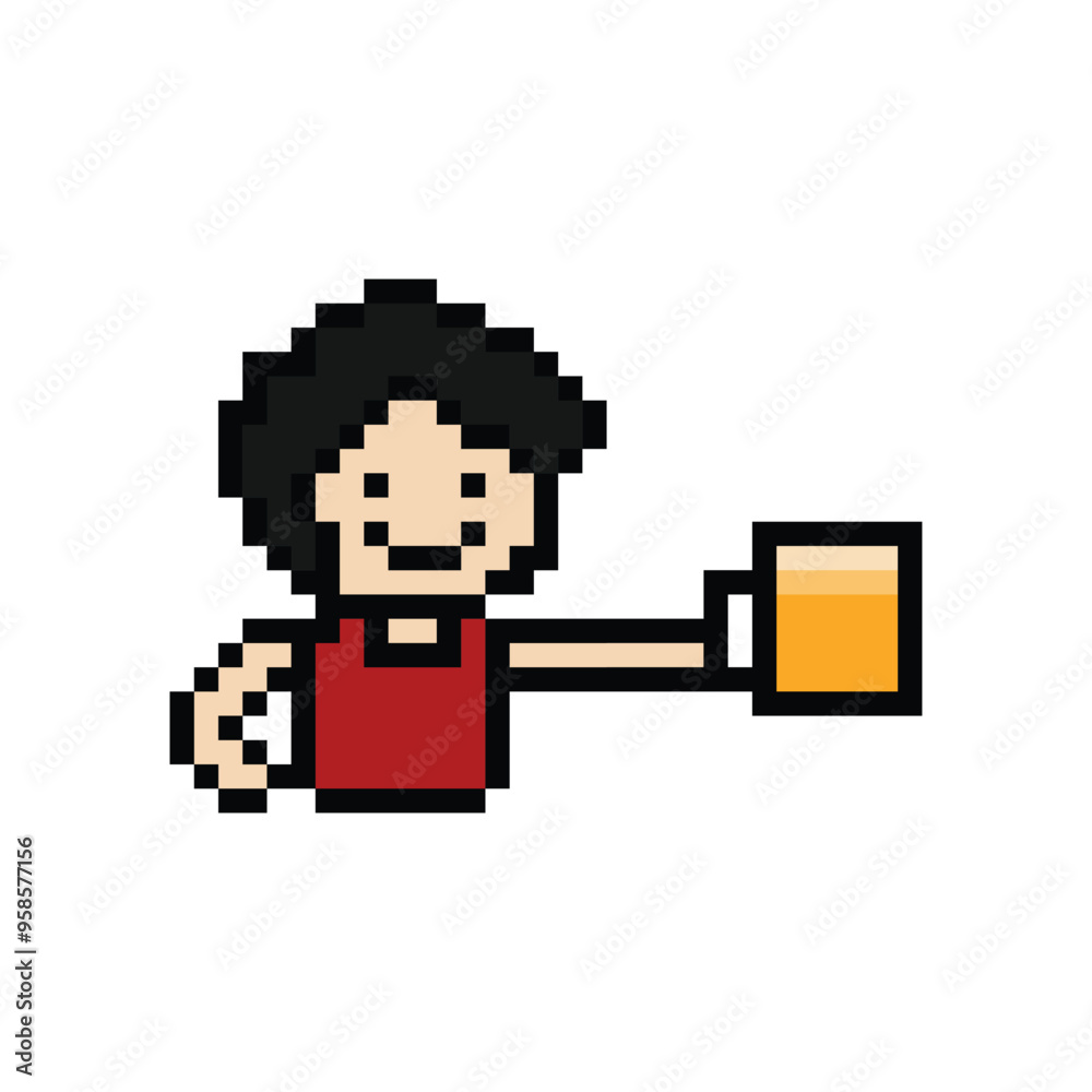 Obraz premium Cute pixel cartoon 8bit character man drink beer alcohol party lifestyle decoration life style 8 bit male boy drinking beer isolated PNG vector.