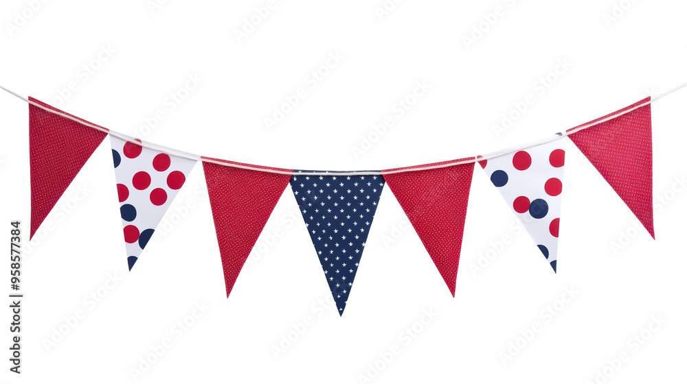 Red, white and blue party flags strung on a line convey a festive spirit, perfect for celebrations. Red, white and blue party flags strung on a line convey a festive spirit, perfect for celebrations.