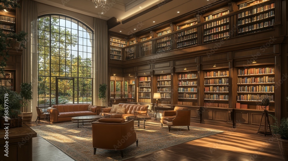 Luxury Library Interior Design with Large Windows and Bookshelves