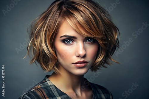 Attractive young woman with a trendy asymmetrical bob, showcasing a stylishly messy, choppy layers hairstyle with photo