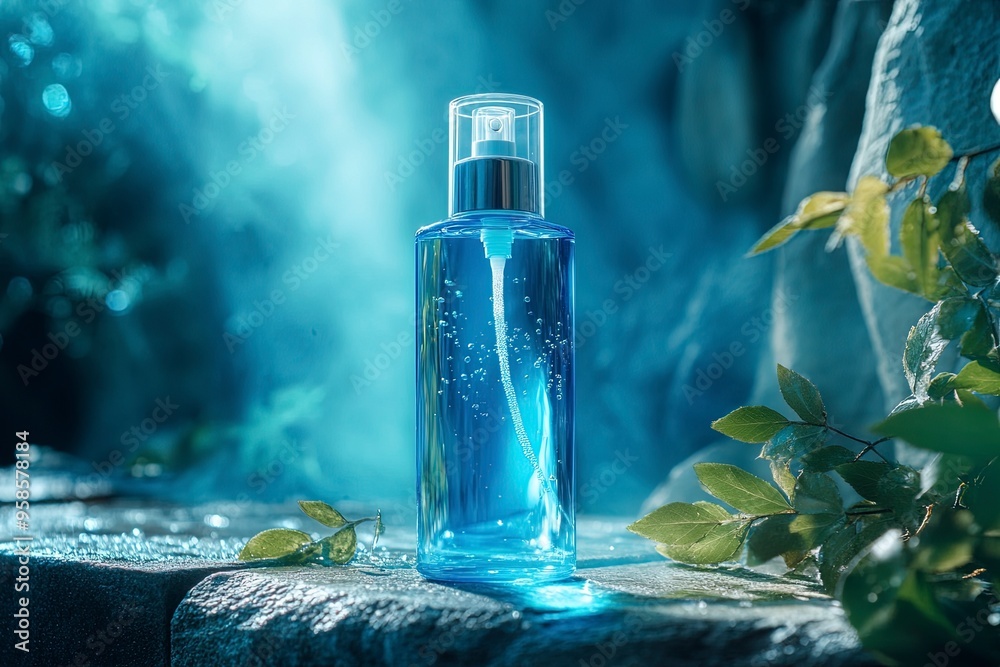 a crystalline blue transparent glass bottle filled with clear liquid toner, featuring an elegant spray nozzle with a transparent cap. Generative Ai a crystalline blue transparent glass bottle filled with clear liquid toner, featuring an elegant spray nozzle with a transparent cap. Generative Ai