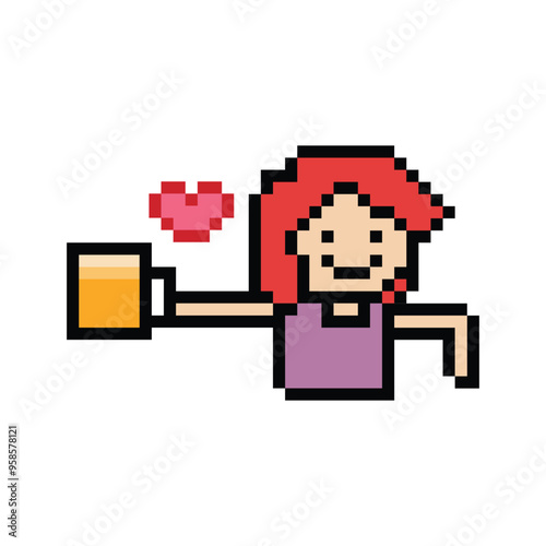 Cute pixel cartoon 8bit character woman drink beer alcohol party hangout lifestyle decoration life style 8 bit female girl drinking beer isolated png vector.
