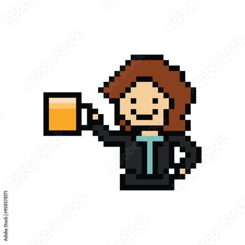 Cute pixel cartoon 8bit character woman drink beer alcohol party hangout lifestyle decoration life style 8 bit female girl drinking beer isolated png vector.