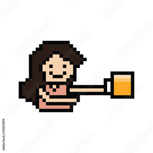 Cute pixel cartoon 8bit character woman drink beer alcohol party hangout lifestyle decoration life style 8 bit female girl drinking beer isolated png vector.