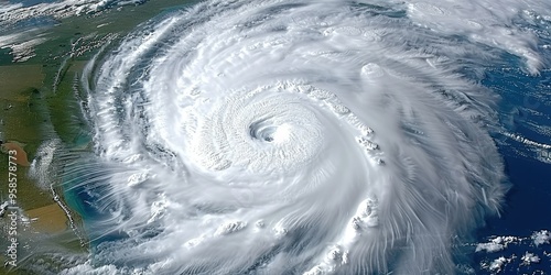 Hurricane spins over the ocean near the coast, showing intense circulation patterns photo