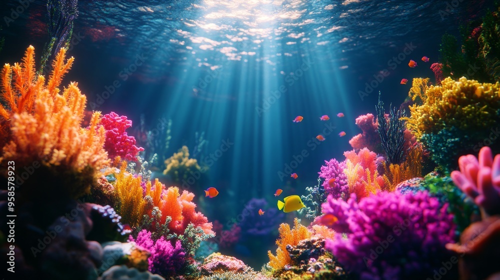 Fototapeta premium Underwater Coral Reef with Colorful Fish and Sunbeams