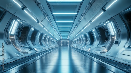 Fototapeta Naklejka Na Ścianę i Meble -  Futuristic Sci Fi Corridor with Blue Neon Lights