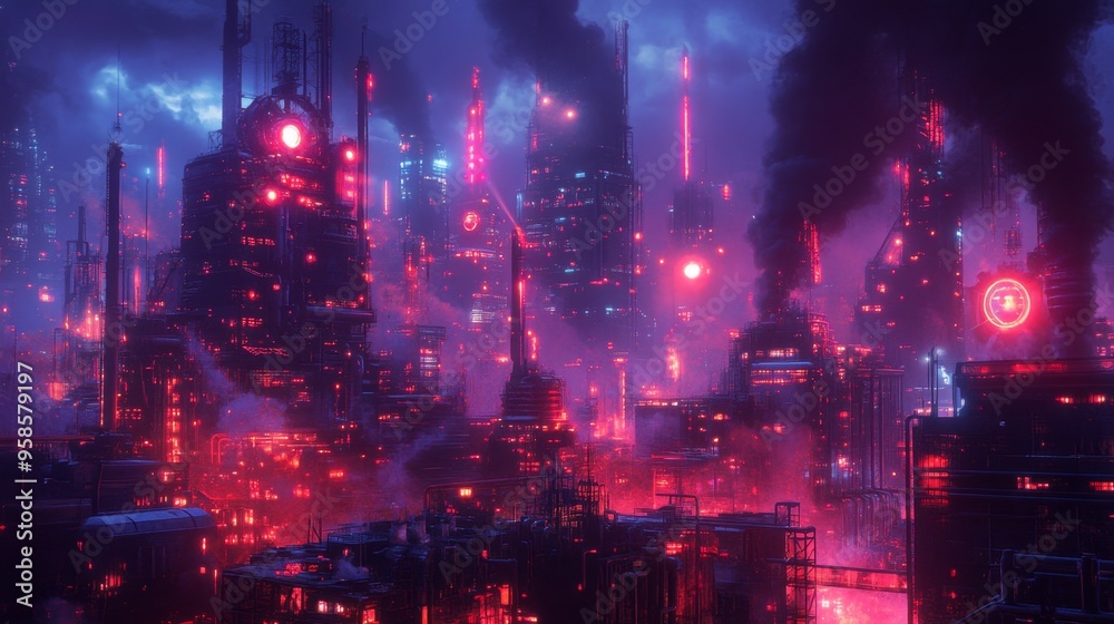 Fototapeta premium Cyberpunk Cityscape with Glowing Lights and Smoke