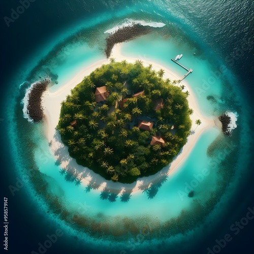 Aerial View of a Tropical Island Surrounded by Turquoise Waters