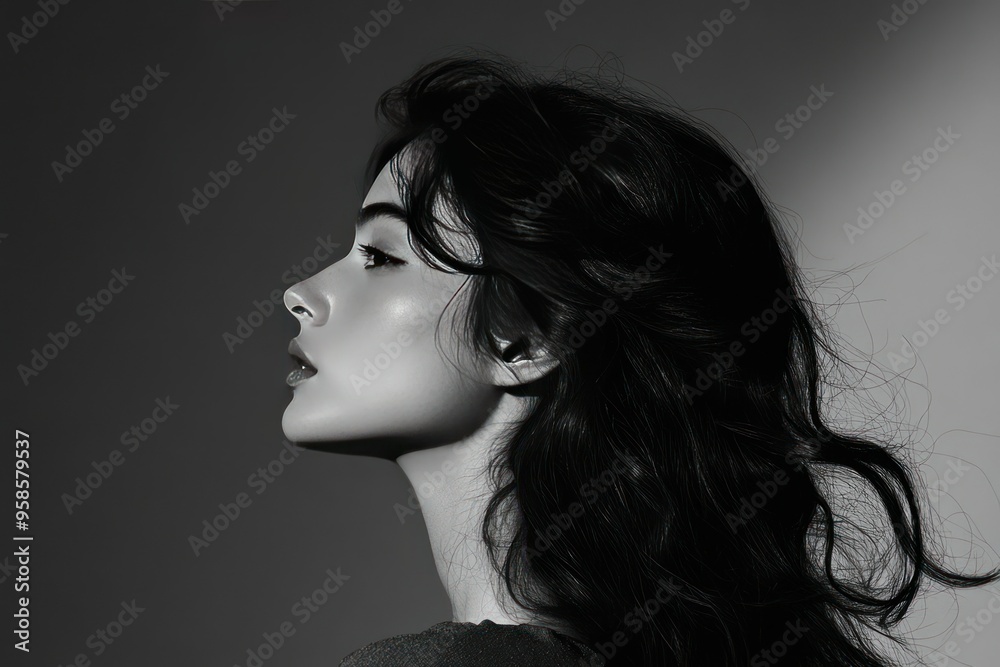 A Woman's Profile with Wavy Black Hair in Monochrome A Woman's Profile with Wavy Black Hair in Monochrome