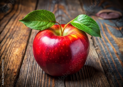 A vibrant, juicy, red apple with subtle shine and delicate stem, surrounded by lush green leaves, rests on photo