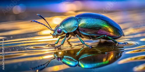 A vibrant, metallic blue whirligig beetle perches on a rippled water surface, its iridescent elytra glimmering in the photo