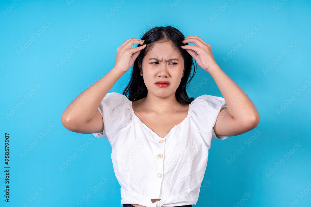 Women are doing various poses on a blue background. Women are doing various poses on a blue background.