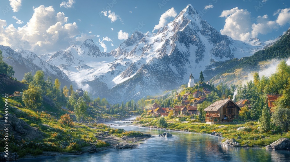 Fototapeta premium Idyllic Mountain Village River Scene with Snowcapped Peaks