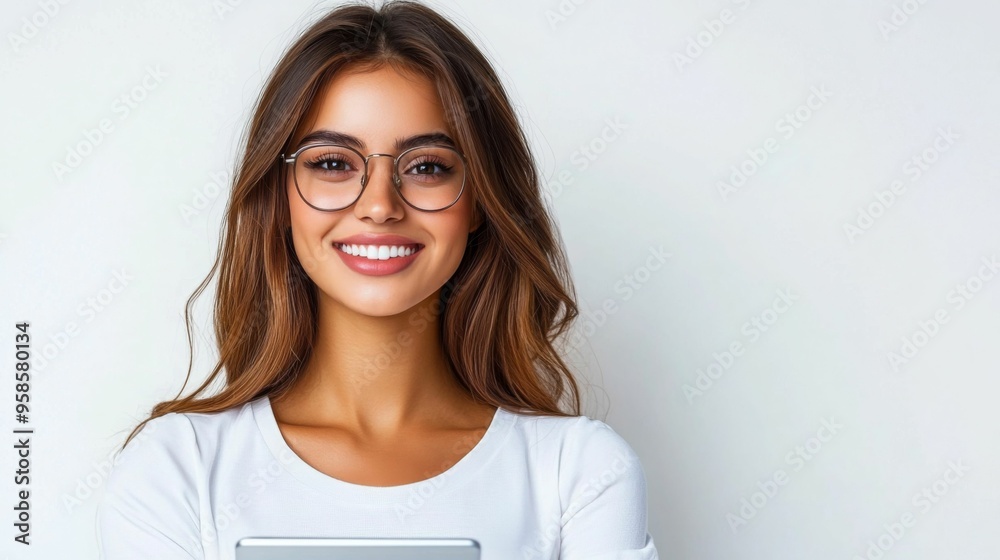 Obraz premium A young woman in a white shirt smiling brightly while using a tablet.